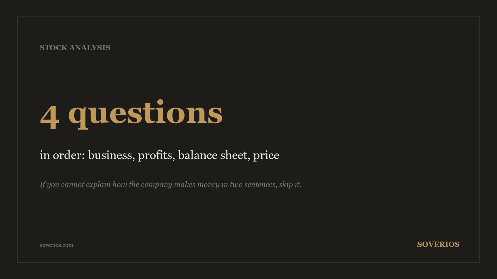 Number card: analyzing a stock means answering four questions in order, on the business, the profits, the balance sheet and the price